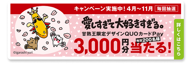 キャンペーン実施中！4月～11月／愛しすぎて大好きすぎる。とコラボした【甘熟王限定デザインQUOカードPay】3,000円分が当たる！